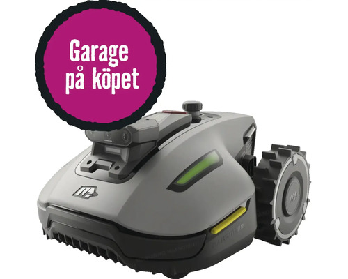 Worx robotgräsklippare med Worx Logo och garage på köpet.