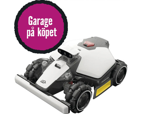 Mammotion robotgräsklippare med fyrhjulsdrift och sensorer, garage på köpet