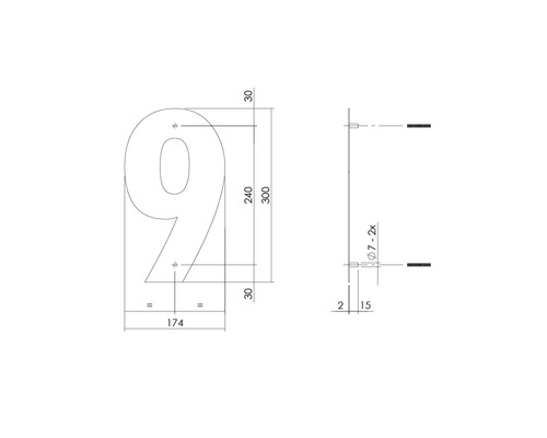 Teknisk ritning av ett husnummer nio med mått