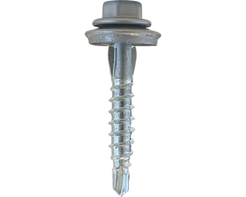 Sexkantig borrskruv med tätningsbricka av metall.