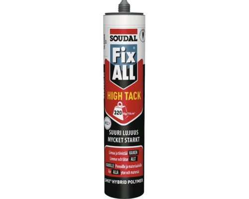 Vit Soudal Fix ALL High Tack lim och fogmassa i patron, hybridpolymer för stark fästförmåga.