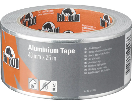 Roxolid aluminiumtejp, 48 millimeter gånger 25 meter, värmebeständig och lämplig för inomhusbruk.