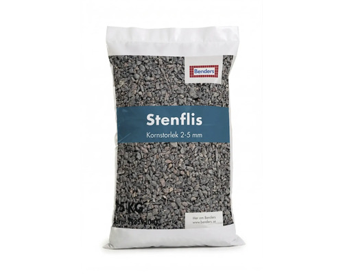 Säck Benders stenflis, kornstorlek 2 till 5 millimeter, 15 kilogram.