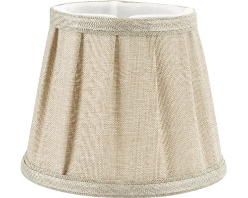 Plisserad beige lampskärm av strukturerat tyg i linneoptik med dekorativ kant upptill och nedtill.