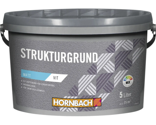 Hornbach Strukturgrund matt vit 5 liter hink för inomhus och utomhus räcker till cirka 35 kvadratmeter.