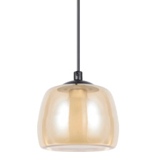 Taklampa med glasskärm i bärnstensfärg och svart upphängning.