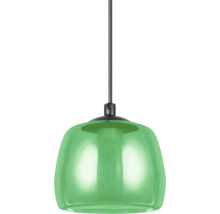 Taklampa med en lampskärm av grönt glas och ett svart hänge.