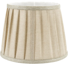 Plisserad beige lampskärm av strukturerat tyg i konisk form.