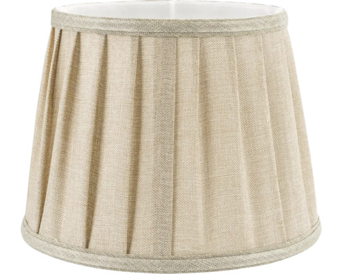 Plisserad beige lampskärm av strukturerat tyg i konisk form.