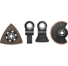 Set med fyra olika Starlock oscillerande sågblad från Bosch för olika skär och sliparbeten.
