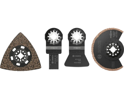Set med fyra olika Starlock oscillerande sågblad från Bosch för olika skär och sliparbeten.