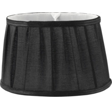 Svart plisserad lampskärm av textil, konisk form.