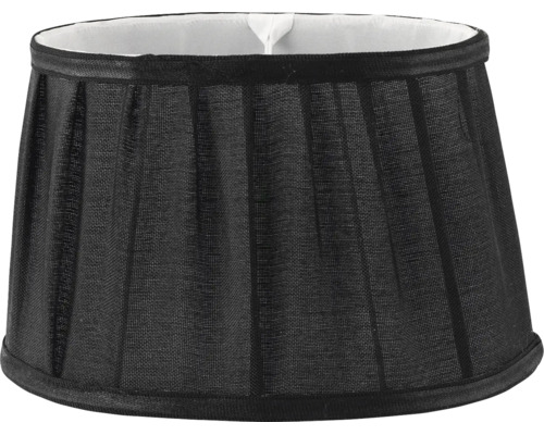 Svart plisserad lampskärm av textil, konisk form.