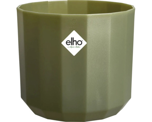 Fasetterad Elho blomkruka i grön plast med Elho Logo.