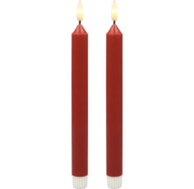 Två röda LED-kronljus med flamformad ljuskälla för juldekoration.