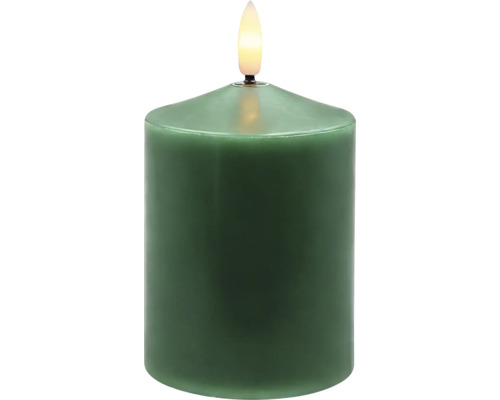 Grönt LED-blockljus med konstgjord flamma och varmvitt ljus.