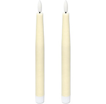 Två LED-antikljus med flamformad lampa och räfflad bas för ljusstakar.