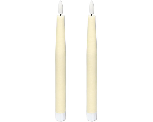 Två LED-antikljus med flamformad lampa och räfflad bas för ljusstakar.