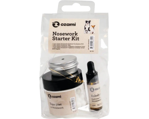 Ozami Nosework startpaket för hundar med eukalyptushydrolat, tops i behållare och doftbehållare.