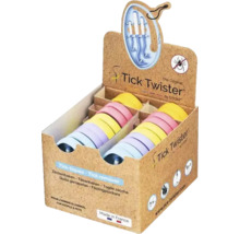 Display med fästingplockare av plast från Tick Twister i olika färger för människor och djur.
