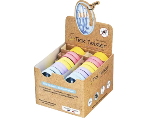 Display med fästingplockare av plast från Tick Twister i olika färger för människor och djur.