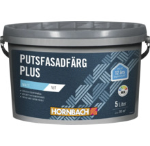 Hornbach Putsfasadfärg Plus, matt vit putsfasadfärg, upp till 12 års långtidsskydd, 5 liters hink för cirka 30 kvadratmeter, Hornbach Logo.