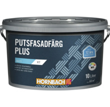 Hornbach Putsfasadfärg Plus, matt fasadfärg för puts, 10 liter för cirka 60 kvadratmeter, Hornbach logo.