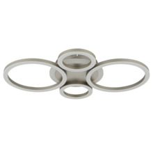 Modern LED-taklampa med fyra cirkelformade ljuselement i metalllook.
