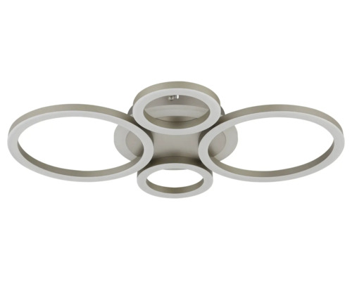 Modern LED-taklampa med fyra cirkelformade ljuselement i metalllook.
