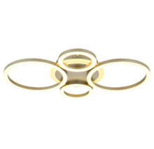 Modern taklampa med fyra ringformade belysningselement i olika storlekar på en rund bas.