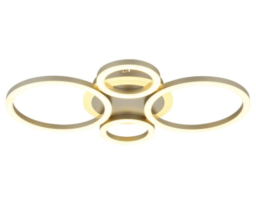Modern taklampa med fyra ringformade belysningselement i olika storlekar på en rund bas.