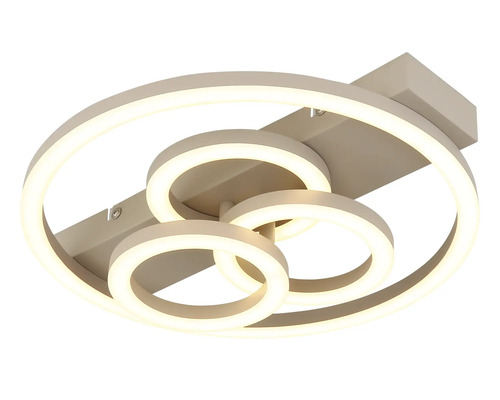 Modern LED-taklampa med fyra överlappande ringar av metall och plast, varmvitt ljus.