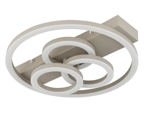 Modern LED-taklampa med fyra överlappande ringar av metall och plast.