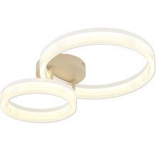 Modern LED-taklampa med två sammanflätade ljusringar och rund metallbas.
