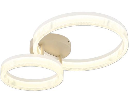Modern LED-taklampa med två sammanflätade ljusringar och rund metallbas.