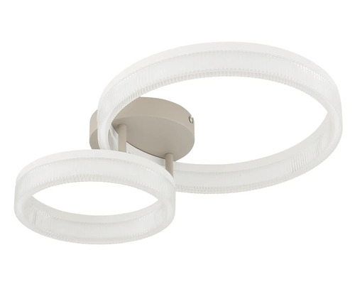 Modern LED-taklampa bestående av två sammanflätade ringar med räfflad struktur och en rund bas.