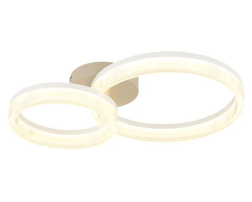 Modern LED-taklampa med två strukturerade ljusringar i olika storlekar.