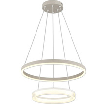 Modern LED-pendellampa med två lysande ringar i olika storlekar, upphängd i tunna vajrar.