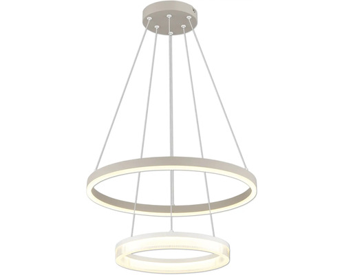 Modern LED-pendellampa med två lysande ringar i olika storlekar, upphängd i tunna vajrar.