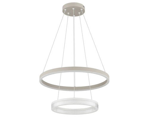 Modern LED-pendellampa med två ringformade belysningselement i olika storlekar upphängda i tunna vajrar.