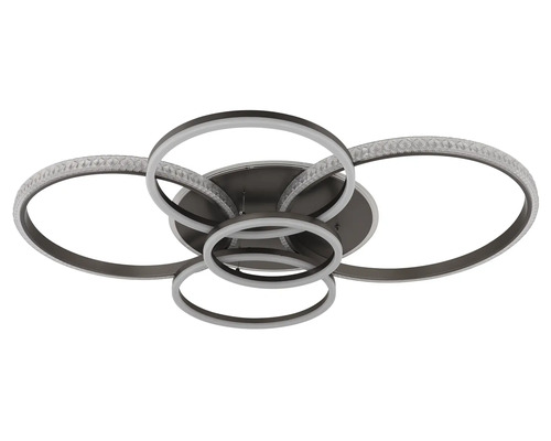 Modern LED-taklampa med flera överlappande ringar, delvis med kristalleffekt.