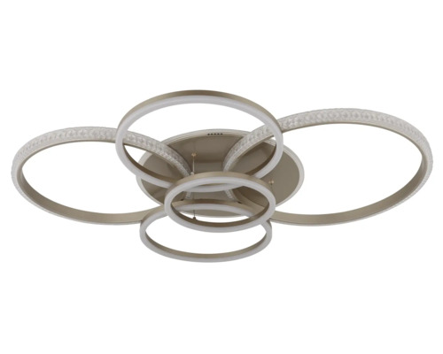 Modern LED-taklampa med flera överlappande ringar och kristalleffekt.