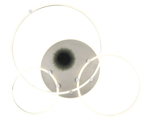Modern LED-taklampa med tre överlappande ringar och en central infinity-spegeleffekt.