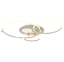 Modern LED-taklampa med överlappande lysande ringar och en rund bas i metall.