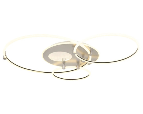 Modern LED-taklampa med överlappande lysande ringar och en rund bas i metall.