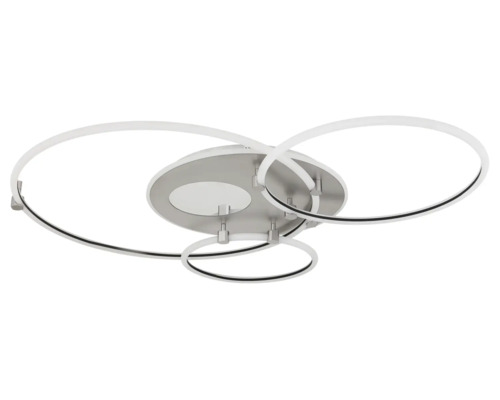 Modern LED-taklampa med tre sammanflätade cirkulära ljuselement och en rund metallbas.