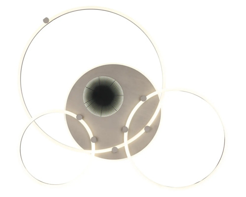 Modern LED-taklampa med tre överlappande ljusringar och rund bas med central oändlighetsspegeleffekt.