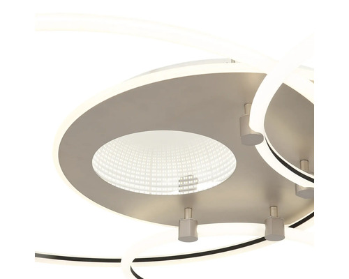 Modern LED-taklampa i metall med böjda ljuselement och en central rund oändlighetsspegeleffekt.