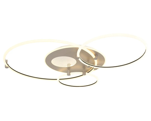 Modern LED-taklampa med tre överlappande ringar av metall och plast.