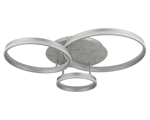 Modern LED-taklampa med tre ringformade element och en takplatta i marmorlook.